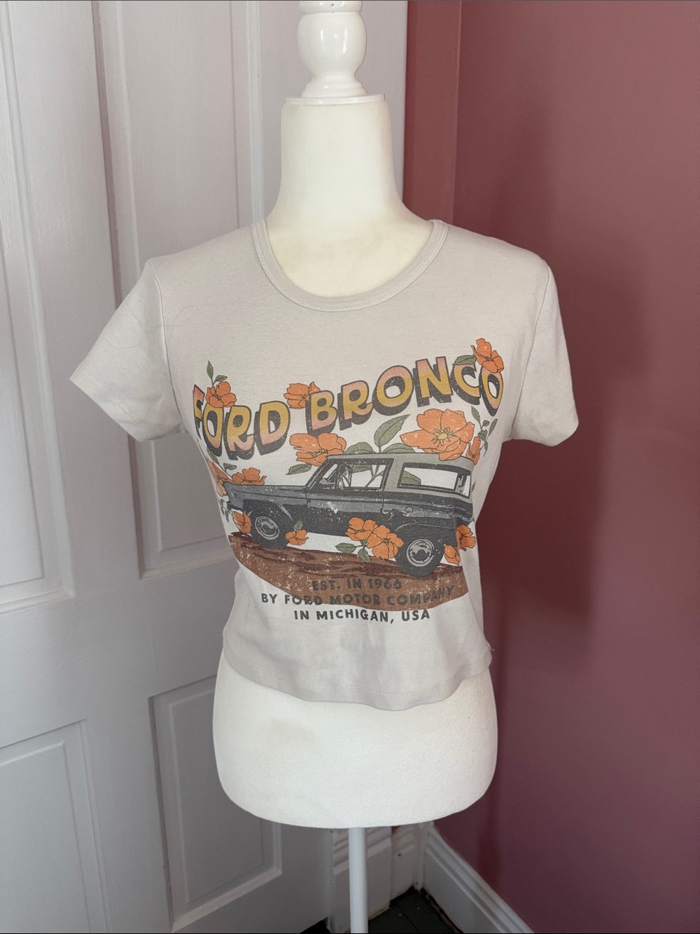 Ford Cream Short-Sleeve Tee with Orange Floral Bronco Graphic